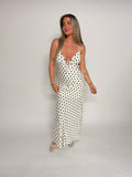 "Jody" slim-fit long dress with black polka dots