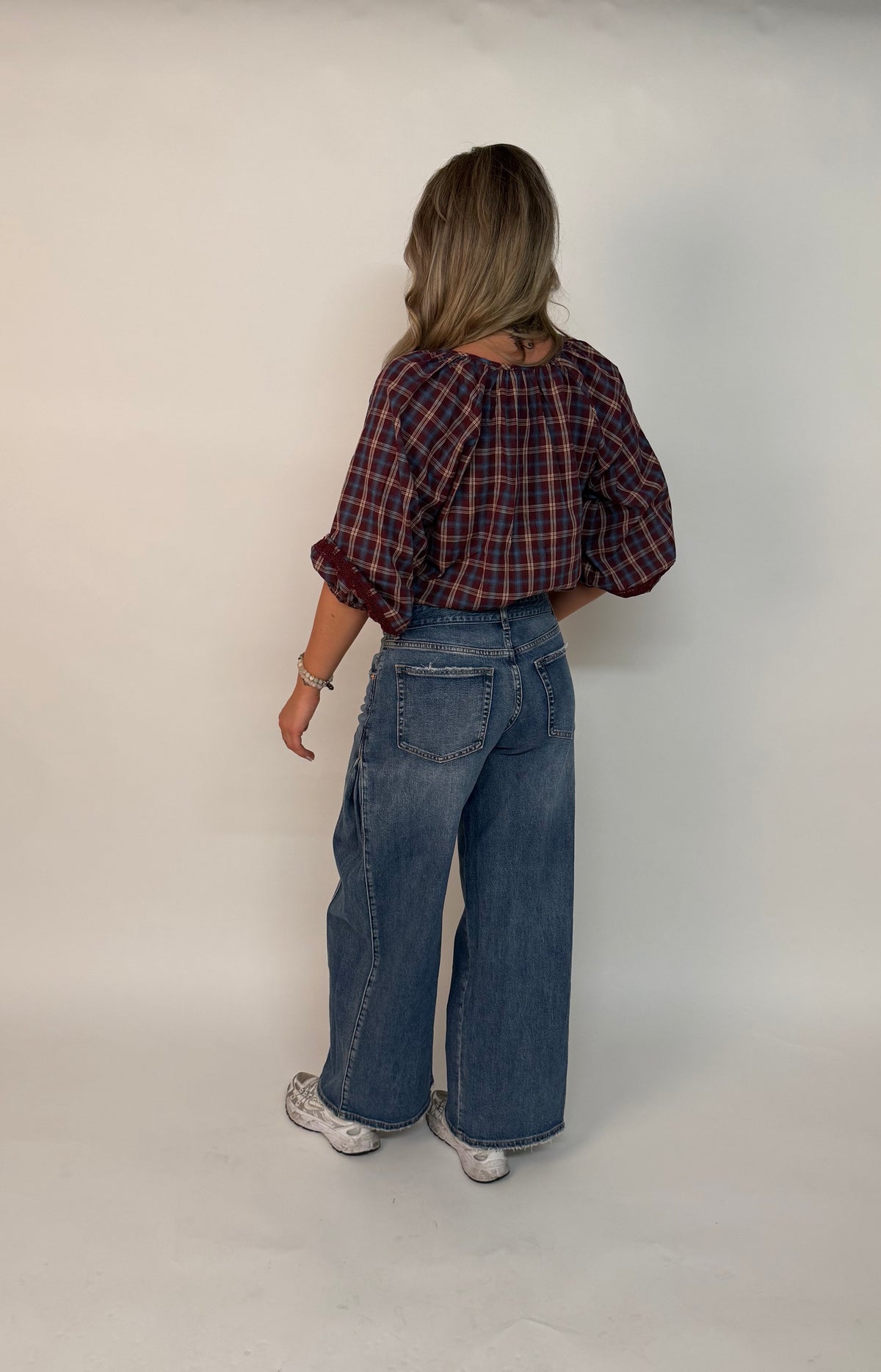"Milaine" Checkered Blouse with Embroidery