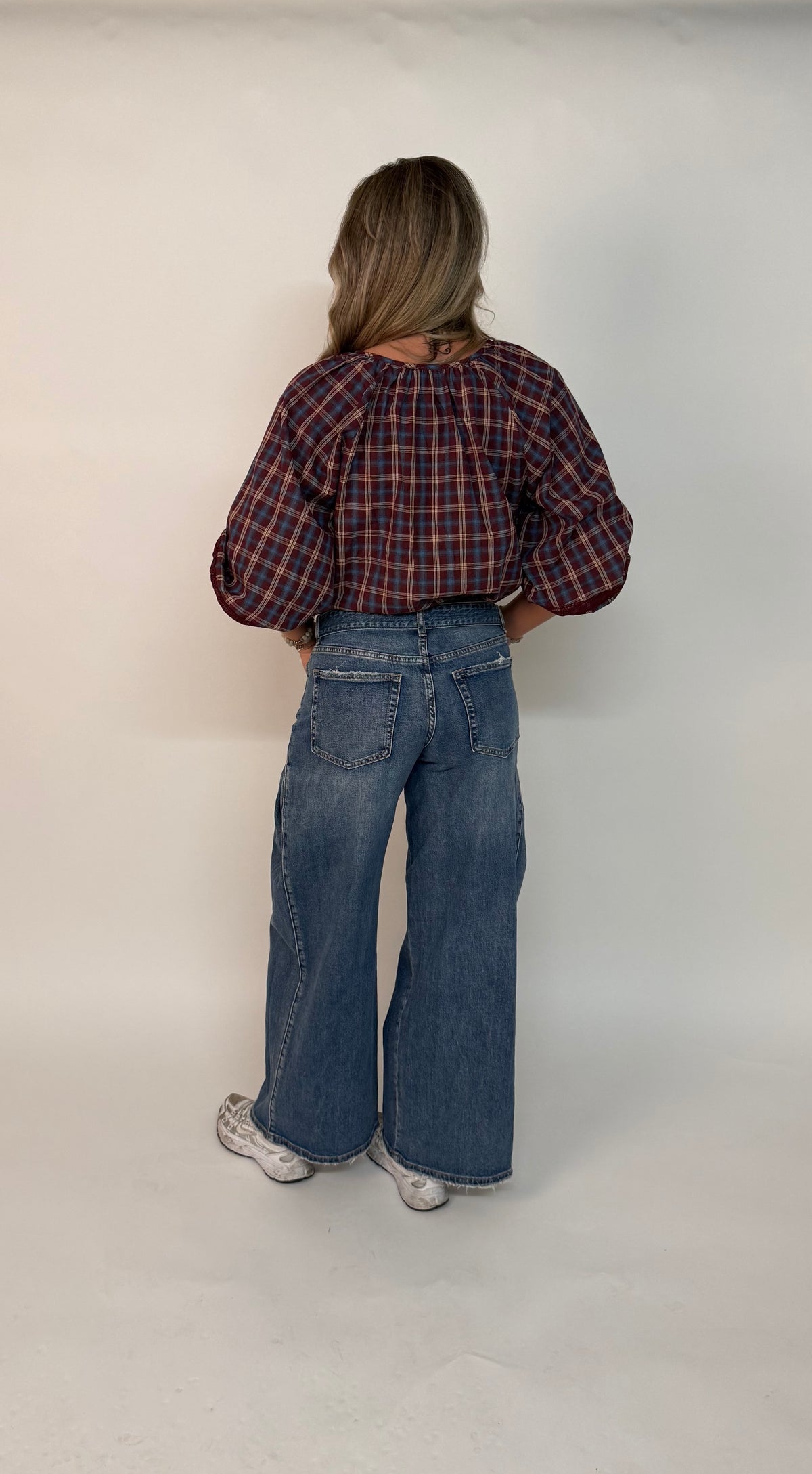 "Milaine" Checkered Blouse with Embroidery