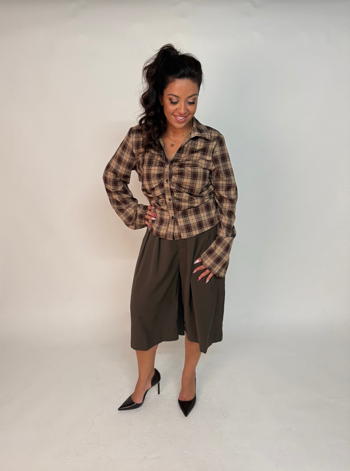 “Elora” fitted plaid blouse