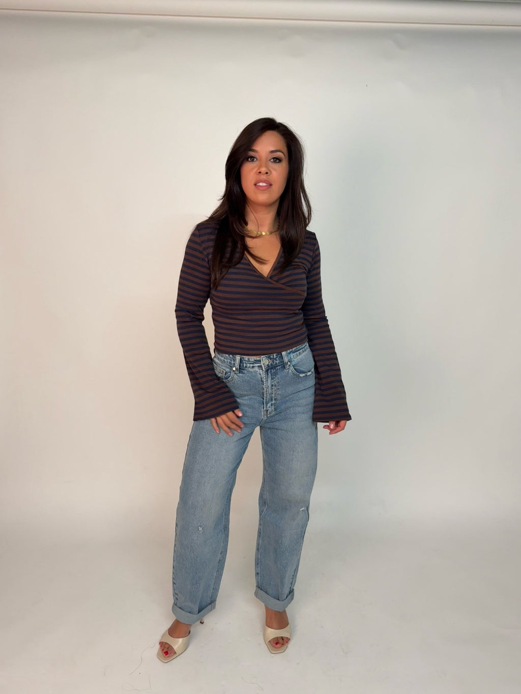 “Elara” Striped flared wrap top