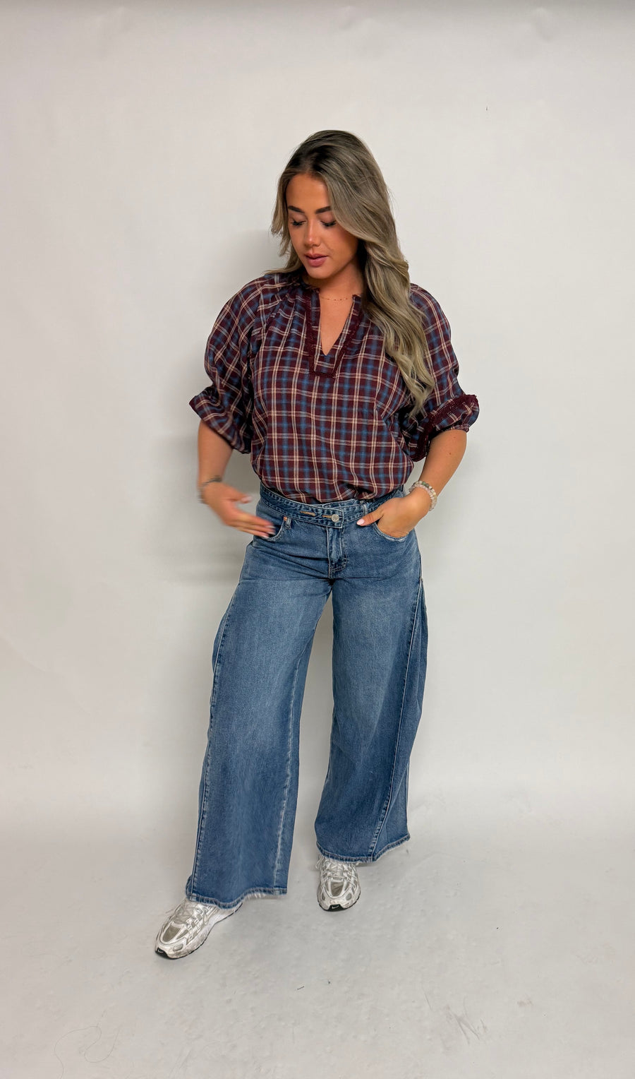 "Milaine" Checkered Blouse with Embroidery