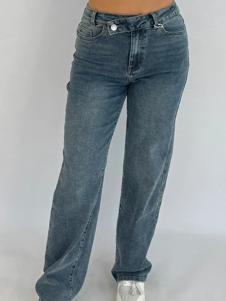 "Wendy" Schuine knoop highwaist jeans- blue